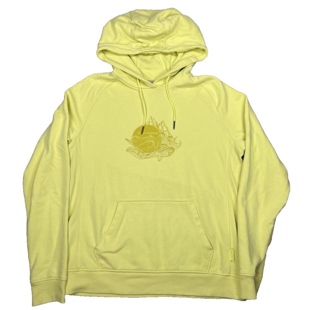 Helly Hansen Women L Yellow Fleece Hoodie Sweatshirt Organic Cotton Blend Logo